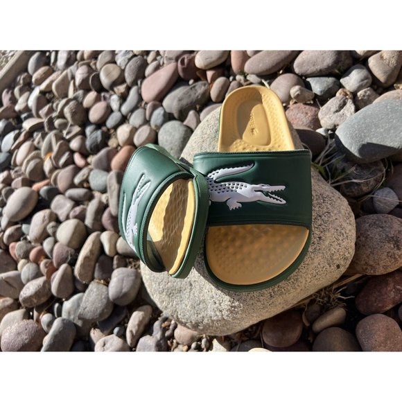 Mens Lacoste Croco Dualiste Slides Green Yellow Slip On Sandals New Sz 10 - Picture 3 of 6